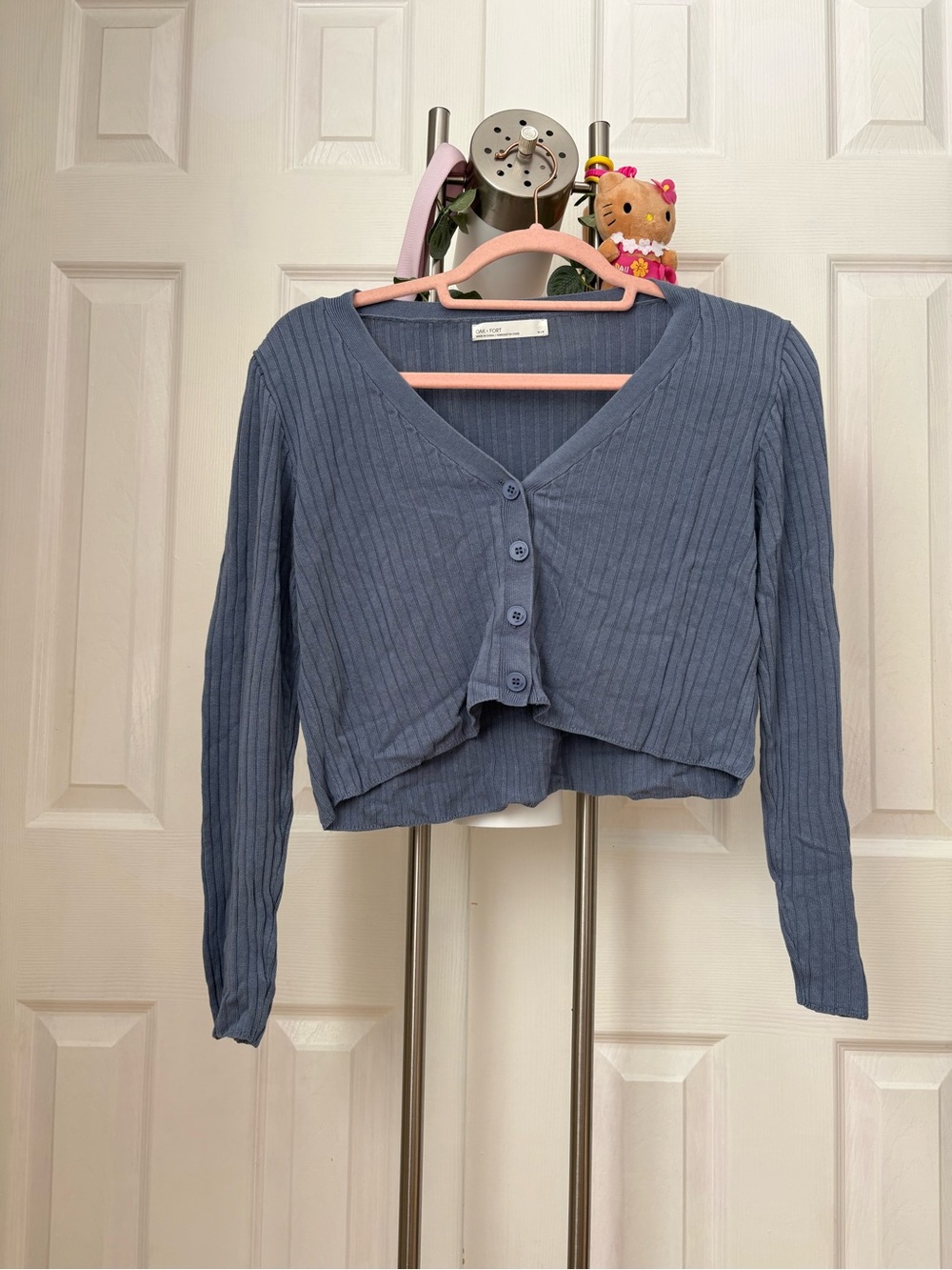 OAK + FORT Ribbed Knit Crop Cardigan — Muted Blue